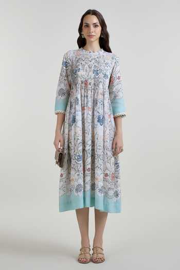 SOBARIKO Blue Linen Round Neck Tyla Print Pleated Midi Dress Online at Aza Fashions SOBARIKO_Blue Linen Round Neck Tyla Print Pleated Midi Dress _Online_at_Aza_Fashions