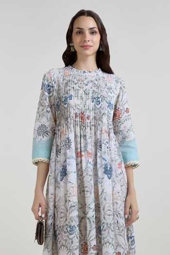 Buy SOBARIKO Blue Linen Round Neck Tyla Print Pleated Midi Dress Online at Aza Fashions Buy_SOBARIKO_Blue Linen Round Neck Tyla Print Pleated Midi Dress _Online_at_Aza_Fashions
