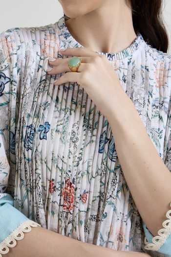 Shop SOBARIKO Blue Linen Round Neck Tyla Print Pleated Midi Dress Online at Aza Fashions Shop_SOBARIKO_Blue Linen Round Neck Tyla Print Pleated Midi Dress _Online_at_Aza_Fashions