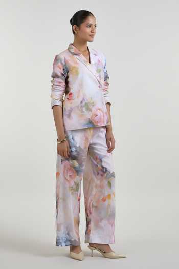 SOBARIKO_Multi Color Linen Notched Neck Olivia Print Blazer And Pant Set _Online_at_Aza_Fashions