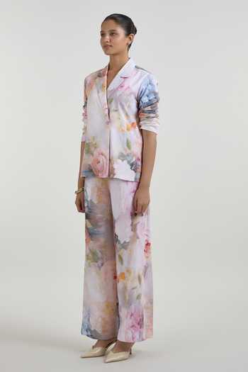 SOBARIKO_Multi Color Linen Notched Neck Olivia Print Blazer And Pant Set _at_Aza_Fashions