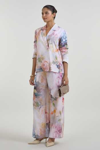 Buy_SOBARIKO_Multi Color Linen Notched Neck Olivia Print Blazer And Pant Set 