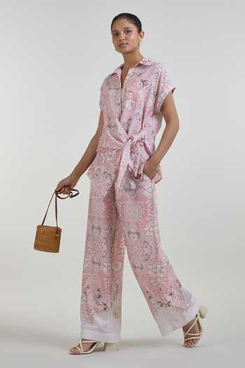 Buy_SOBARIKO_Pink Linen Collared Neck Anna Vintage Floral Print Twist Top And Pant Set _Online_at_Aza_Fashions