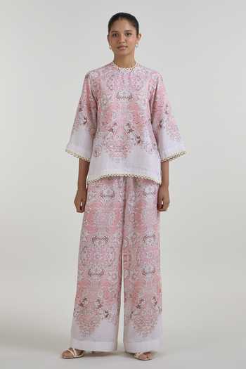 Buy SOBARIKO Pink Linen High Neck Anna Vintage Floral Print Top And Pant Set Online at Aza Fashions Buy_SOBARIKO_Pink Linen High Neck Anna Vintage Floral Print Top And Pant Set _Online_at_Aza_Fashions