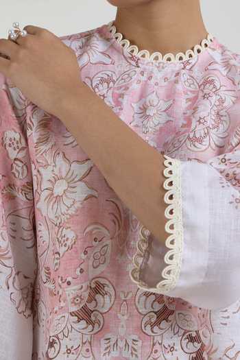 Shop SOBARIKO Pink Linen High Neck Anna Vintage Floral Print Top And Pant Set Online at Aza Fashions Shop_SOBARIKO_Pink Linen High Neck Anna Vintage Floral Print Top And Pant Set _Online_at_Aza_Fashions