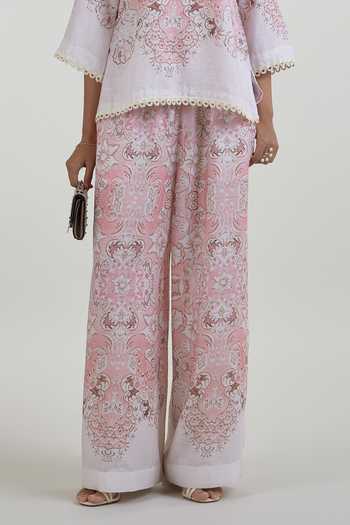 SOBARIKO Pink Linen High Neck Anna Vintage Floral Print Top And Pant Set at Aza Fashions SOBARIKO_Pink Linen High Neck Anna Vintage Floral Print Top And Pant Set _at_Aza_Fashions