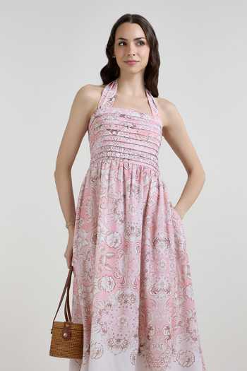SOBARIKO_Pink Linen Halter Neck Anna Vintage Floral Print Dress _Online_at_Aza_Fashions
