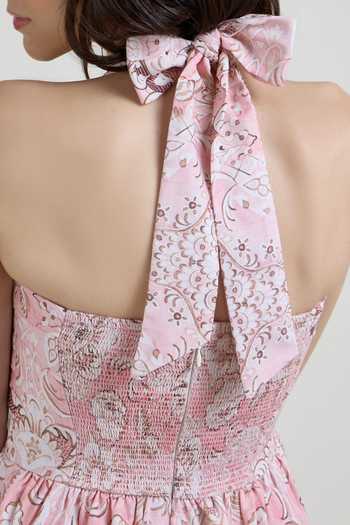 Buy_SOBARIKO_Pink Linen Halter Neck Anna Vintage Floral Print Dress _Online_at_Aza_Fashions