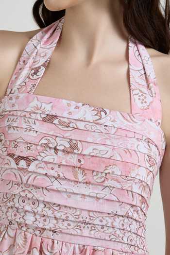 Shop_SOBARIKO_Pink Linen Halter Neck Anna Vintage Floral Print Dress _Online_at_Aza_Fashions