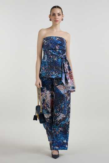 Buy SOBARIKO Multi Color Linen Bandeau Neck Mosaic Print Strapless Top And Pant Set Online at Aza Fashions Buy_SOBARIKO_Multi Color Linen Bandeau Neck Mosaic Print Strapless Top And Pant Set _Online_at_Aza_Fashions