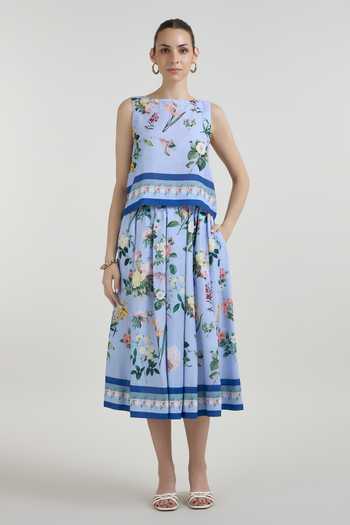 SOBARIKO Blue Linen Boat Neck Blaire Floral Print Top Skirt Set Online at Aza Fashions SOBARIKO_Blue Linen Boat Neck Blaire Floral Print Top Skirt Set _Online_at_Aza_Fashions