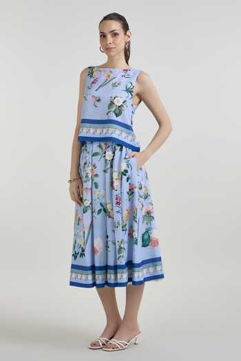 Buy SOBARIKO Blue Linen Boat Neck Blaire Floral Print Top Skirt Set Online at Aza Fashions Buy_SOBARIKO_Blue Linen Boat Neck Blaire Floral Print Top Skirt Set _Online_at_Aza_Fashions