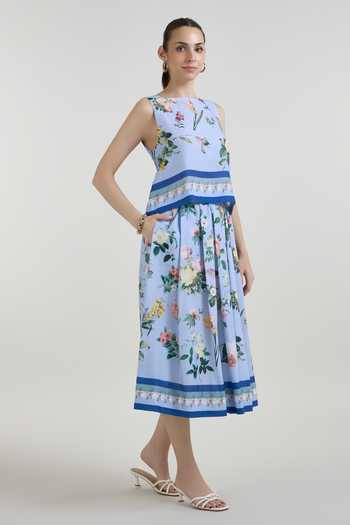 Shop SOBARIKO Blue Linen Boat Neck Blaire Floral Print Top Skirt Set Online at Aza Fashions Shop_SOBARIKO_Blue Linen Boat Neck Blaire Floral Print Top Skirt Set _Online_at_Aza_Fashions