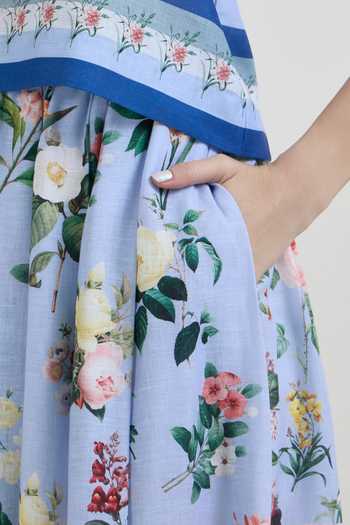 SOBARIKO Blue Linen Boat Neck Blaire Floral Print Top Skirt Set at Aza Fashions SOBARIKO_Blue Linen Boat Neck Blaire Floral Print Top Skirt Set _at_Aza_Fashions