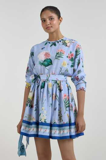 SOBARIKO Blue Linen Round Neck Blaire Floral Print Mini Dress With Belt Online at Aza Fashions SOBARIKO_Blue Linen Round Neck Blaire Floral Print Mini Dress With Belt _Online_at_Aza_Fashions