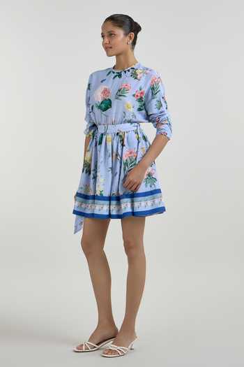 Buy SOBARIKO Blue Linen Round Neck Blaire Floral Print Mini Dress With Belt Online at Aza Fashions Buy_SOBARIKO_Blue Linen Round Neck Blaire Floral Print Mini Dress With Belt _Online_at_Aza_Fashions