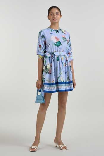 Shop SOBARIKO Blue Linen Round Neck Blaire Floral Print Mini Dress With Belt Online at Aza Fashions Shop_SOBARIKO_Blue Linen Round Neck Blaire Floral Print Mini Dress With Belt _Online_at_Aza_Fashions