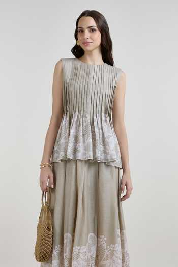 SOBARIKO Grey Linen Round Neck Lucy Accordion Top And Midi Skirt Set Online at Aza Fashions SOBARIKO_Grey Linen Round Neck Lucy Accordion Top And Midi Skirt Set _Online_at_Aza_Fashions
