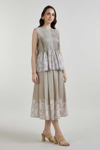 Buy SOBARIKO Grey Linen Round Neck Lucy Accordion Top And Midi Skirt Set Online at Aza Fashions Buy_SOBARIKO_Grey Linen Round Neck Lucy Accordion Top And Midi Skirt Set _Online_at_Aza_Fashions