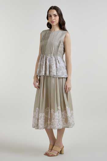 Shop SOBARIKO Grey Linen Round Neck Lucy Accordion Top And Midi Skirt Set Online at Aza Fashions Shop_SOBARIKO_Grey Linen Round Neck Lucy Accordion Top And Midi Skirt Set _Online_at_Aza_Fashions