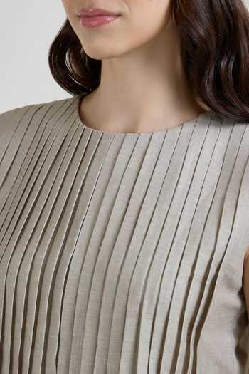 Buy SOBARIKO Grey Linen Round Neck Lucy Accordion Top And Midi Skirt Set Buy_SOBARIKO_Grey Linen Round Neck Lucy Accordion Top And Midi Skirt Set