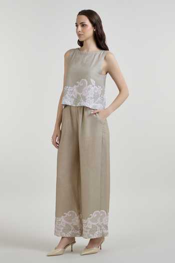 SOBARIKO_Grey Linen Boat Neck Lucy Lace Print Top And Pant Co-ord Set _Online_at_Aza_Fashions