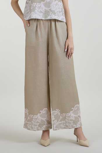 Shop_SOBARIKO_Grey Linen Boat Neck Lucy Lace Print Top And Pant Co-ord Set _Online_at_Aza_Fashions