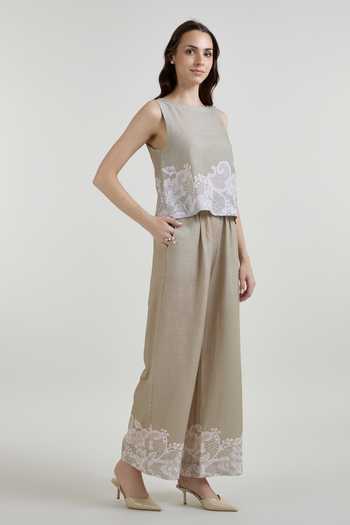 Buy_SOBARIKO_Grey Linen Boat Neck Lucy Lace Print Top And Pant Co-ord Set 