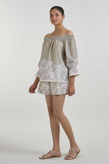 SOBARIKO Grey Linen Off-shoulder Lucy Lace Print Top And Shorts Set Online at Aza Fashions SOBARIKO_Grey Linen Off-shoulder Lucy Lace Print Top And Shorts Set _Online_at_Aza_Fashions