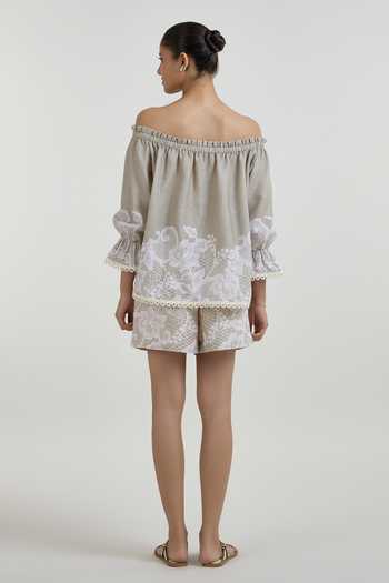 SOBARIKO Lucy Lace Print Off-Shoulder Top & Shorts Set