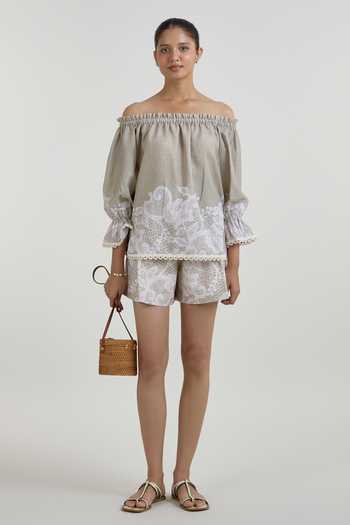SOBARIKO Lucy Lace Print Off-Shoulder Top & Shorts Set