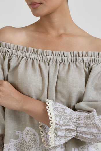Buy SOBARIKO Grey Linen Off-shoulder Lucy Lace Print Top And Shorts Set Online at Aza Fashions Buy_SOBARIKO_Grey Linen Off-shoulder Lucy Lace Print Top And Shorts Set _Online_at_Aza_Fashions