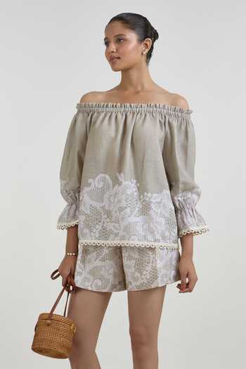 Shop SOBARIKO Grey Linen Off-shoulder Lucy Lace Print Top And Shorts Set Online at Aza Fashions Shop_SOBARIKO_Grey Linen Off-shoulder Lucy Lace Print Top And Shorts Set _Online_at_Aza_Fashions
