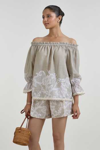 SOBARIKO Grey Linen Off-shoulder Lucy Lace Print Top And Shorts Set at Aza Fashions SOBARIKO_Grey Linen Off-shoulder Lucy Lace Print Top And Shorts Set _at_Aza_Fashions