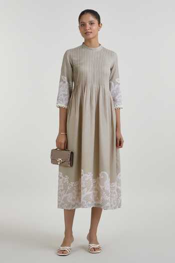 SOBARIKO_Grey Linen High Neck Lucy Lace Print Pleated Dress _Online_at_Aza_Fashions