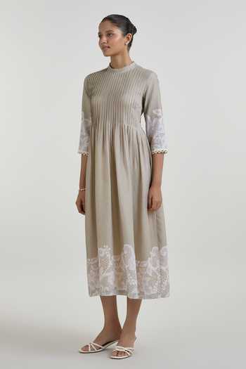 Buy_SOBARIKO_Grey Linen High Neck Lucy Lace Print Pleated Dress _Online_at_Aza_Fashions