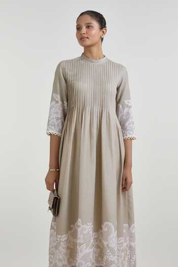 Shop_SOBARIKO_Grey Linen High Neck Lucy Lace Print Pleated Dress _Online_at_Aza_Fashions