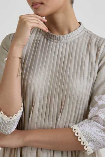 SOBARIKO_Grey Linen High Neck Lucy Lace Print Pleated Dress _at_Aza_Fashions