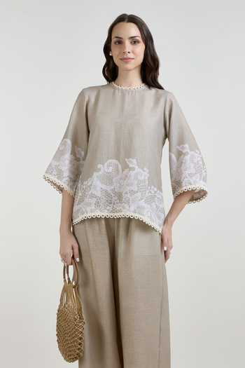 SOBARIKO Grey Linen Round Neck Lucy Lace Print Top And Pant Set Online at Aza Fashions SOBARIKO_Grey Linen Round Neck Lucy Lace Print Top And Pant Set _Online_at_Aza_Fashions