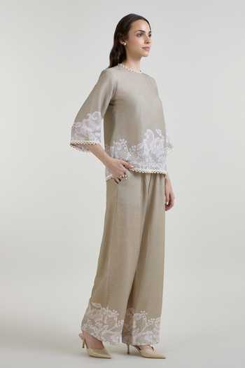 Buy SOBARIKO Grey Linen Round Neck Lucy Lace Print Top And Pant Set Online at Aza Fashions Buy_SOBARIKO_Grey Linen Round Neck Lucy Lace Print Top And Pant Set _Online_at_Aza_Fashions
