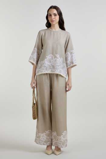 Shop SOBARIKO Grey Linen Round Neck Lucy Lace Print Top And Pant Set Online at Aza Fashions Shop_SOBARIKO_Grey Linen Round Neck Lucy Lace Print Top And Pant Set _Online_at_Aza_Fashions