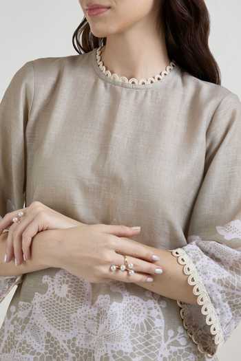 SOBARIKO Grey Linen Round Neck Lucy Lace Print Top And Pant Set at Aza Fashions SOBARIKO_Grey Linen Round Neck Lucy Lace Print Top And Pant Set _at_Aza_Fashions