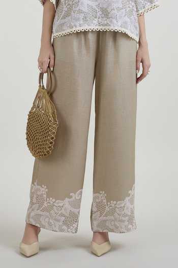 Buy SOBARIKO Grey Linen Round Neck Lucy Lace Print Top And Pant Set Buy_SOBARIKO_Grey Linen Round Neck Lucy Lace Print Top And Pant Set