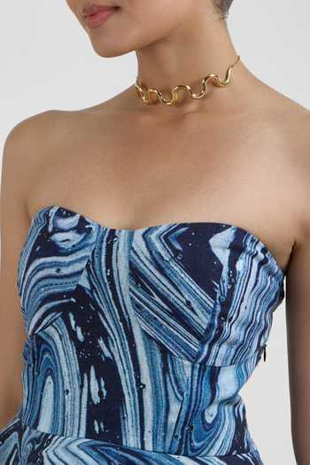 SOBARIKO_Blue Linen Bandeau Neck Marbela Marble Print Peplum Top And Skirt Set _Online_at_Aza_Fashions
