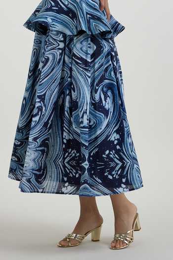 Buy_SOBARIKO_Blue Linen Bandeau Neck Marbela Marble Print Peplum Top And Skirt Set _Online_at_Aza_Fashions