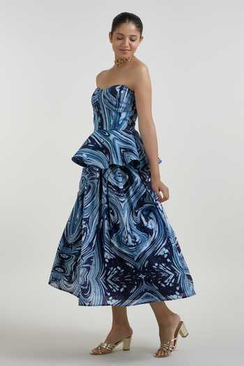 Shop_SOBARIKO_Blue Linen Bandeau Neck Marbela Marble Print Peplum Top And Skirt Set _Online_at_Aza_Fashions
