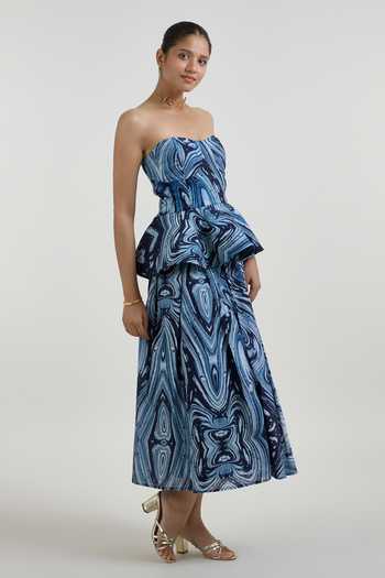 SOBARIKO_Blue Linen Bandeau Neck Marbela Marble Print Peplum Top And Skirt Set _at_Aza_Fashions