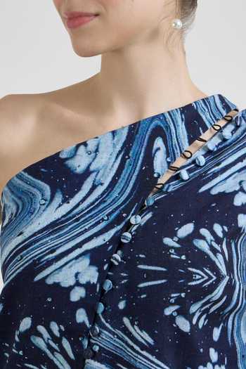 SOBARIKO_Blue Linen One Shoulder Marbela Print Waistcoat And Shorts Set _at_Aza_Fashions