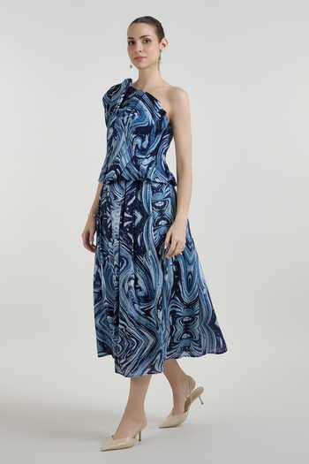 SOBARIKO Blue Linen One Shoulder Marbela Print Top And Fanfare Skirt Set Online at Aza Fashions SOBARIKO_Blue Linen One Shoulder Marbela Print Top And Fanfare Skirt Set _Online_at_Aza_Fashions