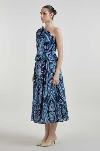 Buy SOBARIKO Blue Linen One Shoulder Marbela Print Top And Fanfare Skirt Set Online at Aza Fashions Buy_SOBARIKO_Blue Linen One Shoulder Marbela Print Top And Fanfare Skirt Set _Online_at_Aza_Fashions